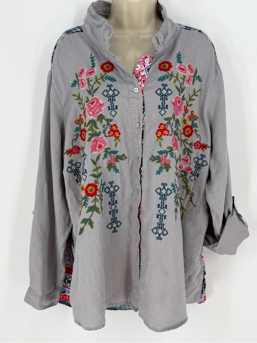 John Mark Linen Embroidered Floral Patchwork Tunic Shirt Boho Cottagecore XL - Picture 3 of 15